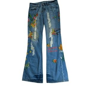 DO Denim Y2K Boho Distressed Floral Embroidered Women's Flare Jeans Size 27‎